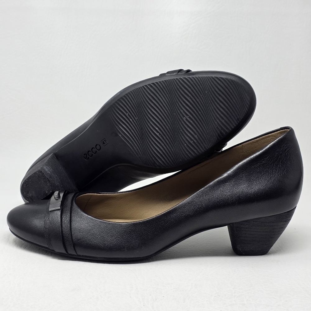 Ecco Women's Black Leather Metal Slip On Block Heels Pumps Size EU 41 US 10-10.5